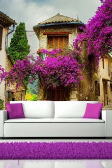 Панорамен 3d тапет с къщи и цветя