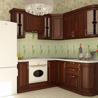 Кухня със зелена престилка и дървени фасади