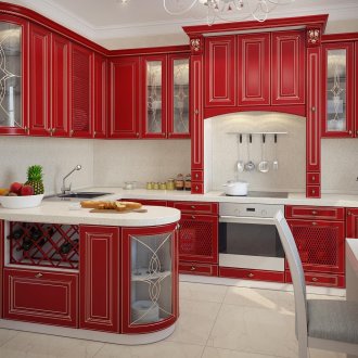Класическа червена кухня с извити фасади
