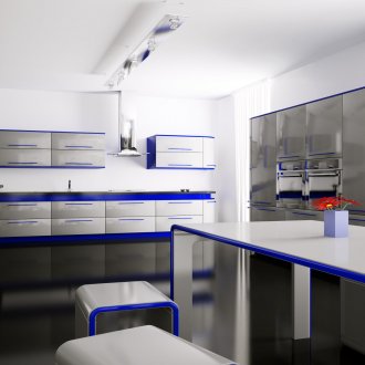 Сиво-синя кухня с пластмасови фасади