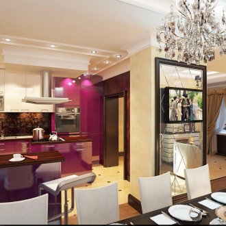 Хладилник в светлата кухня-трапезария