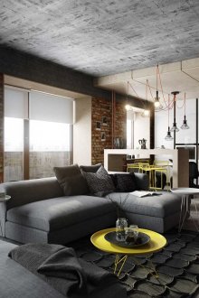 Living room with yellow and red loft accents
