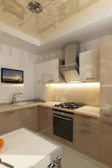 Кремообразен бял гланцов таван на две нива в кухнята