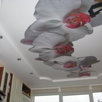 Бял матов таван за разтягане в кухнята с орхидеи