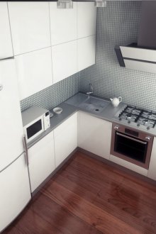 Кафяв ламинат в малка кухня