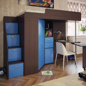 Таванско легло Венге със синьо