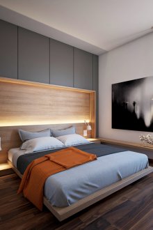 Bilik tidur kelabu dengan niche.