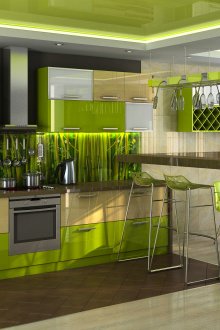 Зелен бамбуков тапет и престилка в кухнята