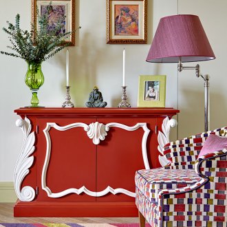 Red dresser in the living room