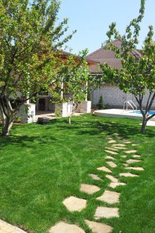 잔디에 깔린 돌 정원 경로