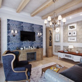 Всекидневна в стил Прованс с тухлена стена