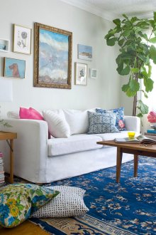 Boho style living room with beautiful blue elements.
