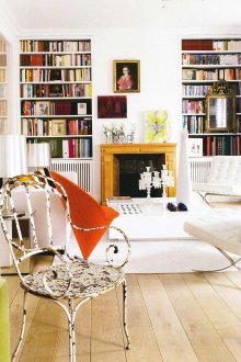 Bright living room interior with boho style fireplace