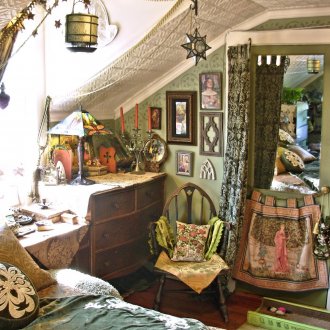 Attic bedroom in boho style