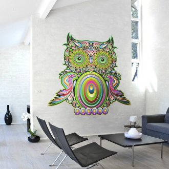 Bright boho style owl drawing animates a two-tone interior
