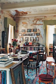 Boho style high ceiling living room interior.