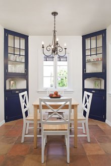 Ъглови сини кухненски шкафове