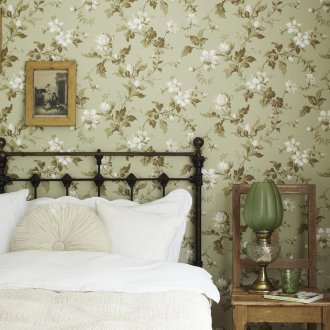 Kertas dinding hijau bunga di bilik tidur gaya negara