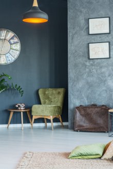 Сива всекидневна със зелени акценти.