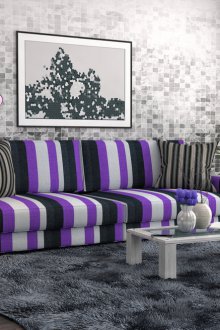 Сив хол с лилав диван.