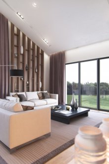 Spacious living room with brown accents