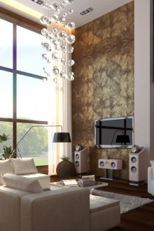 Living room in a rustic cottage in a modern eco-style