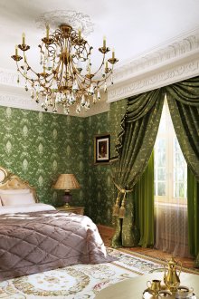 Зелени завеси в класическата спалня