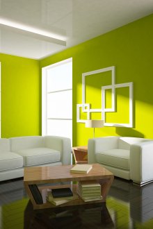 Яркият зелен цвят придава жизненост на интериора на хола