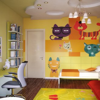 Yellow walls with drawings for a nursery