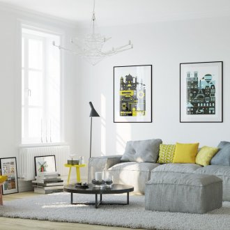 White living room with yellow and gray furniture