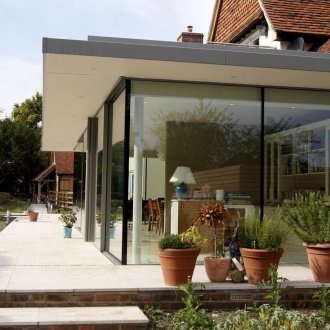 Concrete visor above the entrance