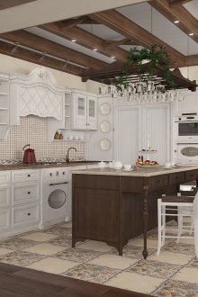 Плочки и бежови тапети в кухнята в стила на Прованс