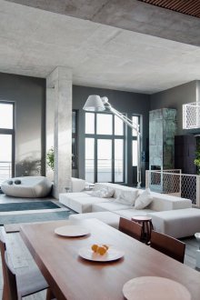 Zonasi ruang tamu dan dapur dengan blok konkrit