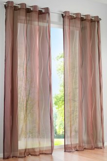 Translucent brown curtains with a pattern on the grommets