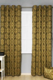 Green-gold curtains on grommets