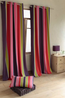 Colorful striped curtains on the grommets will cheer you up every day.