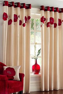 Beige and red satin curtains in the living room