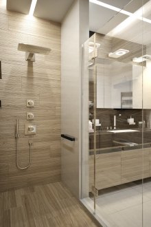 Дизайн на душ без палет с дървени плочки