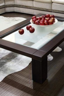 Rectangular brown plastic and glass side table