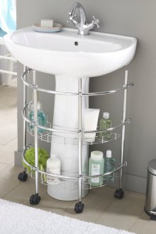 Полукръгли рафтове под мивката в банята