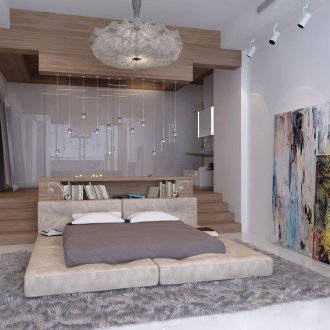 Бежово, сиво и кафяво в интериора на спалнята.