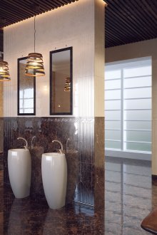 Необичаен интериор в стил Арт Нуво в бежово и кафяво.