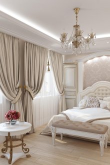 Бежови, кафяви и бели цветове в интериора на класическа спалня