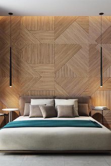 Декоративен панел, изработен от дърво в спалнята