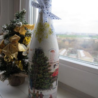 Декупаж бутилки шампанско с панделка