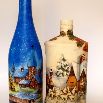 Новогодишен декупаж на чифт бутилки шампанско