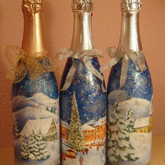 Декупаж бутилки шампанско със салфетки за нова година