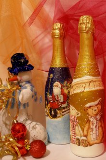 Декупаж бутилки шампанско за Нова година с Дядо Коледа