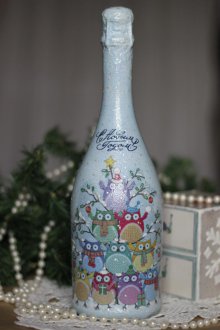 Декупаж бутилки шампанско за нова година със сови