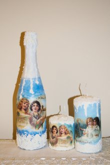 Декупаж бутилки шампанско и свещи за новата година